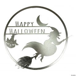 17" Silver Flying Witch Happy Halloween Wall Sign