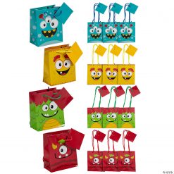 4 1/4" x 5 1/2" Small Monster Paper Gift Bags with Tags - 12 Pc.
