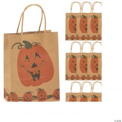 6 1/2" x 3 1/4" x 9" Medium Brown Jack-O’-Lantern Paper Gift Bags - 12 Pc.