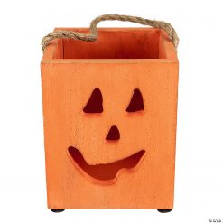 6.25" Small Orange Wood Jack O Lantern Halloween Candle Lantern