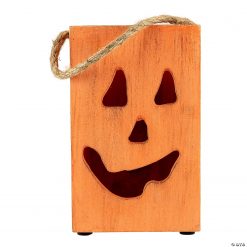 8" Large Orange Wood Jack O Lantern Halloween Candle Lantern