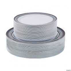 Bulk Premium White Plastic Plates with Black & White Trim - 100 Ct.