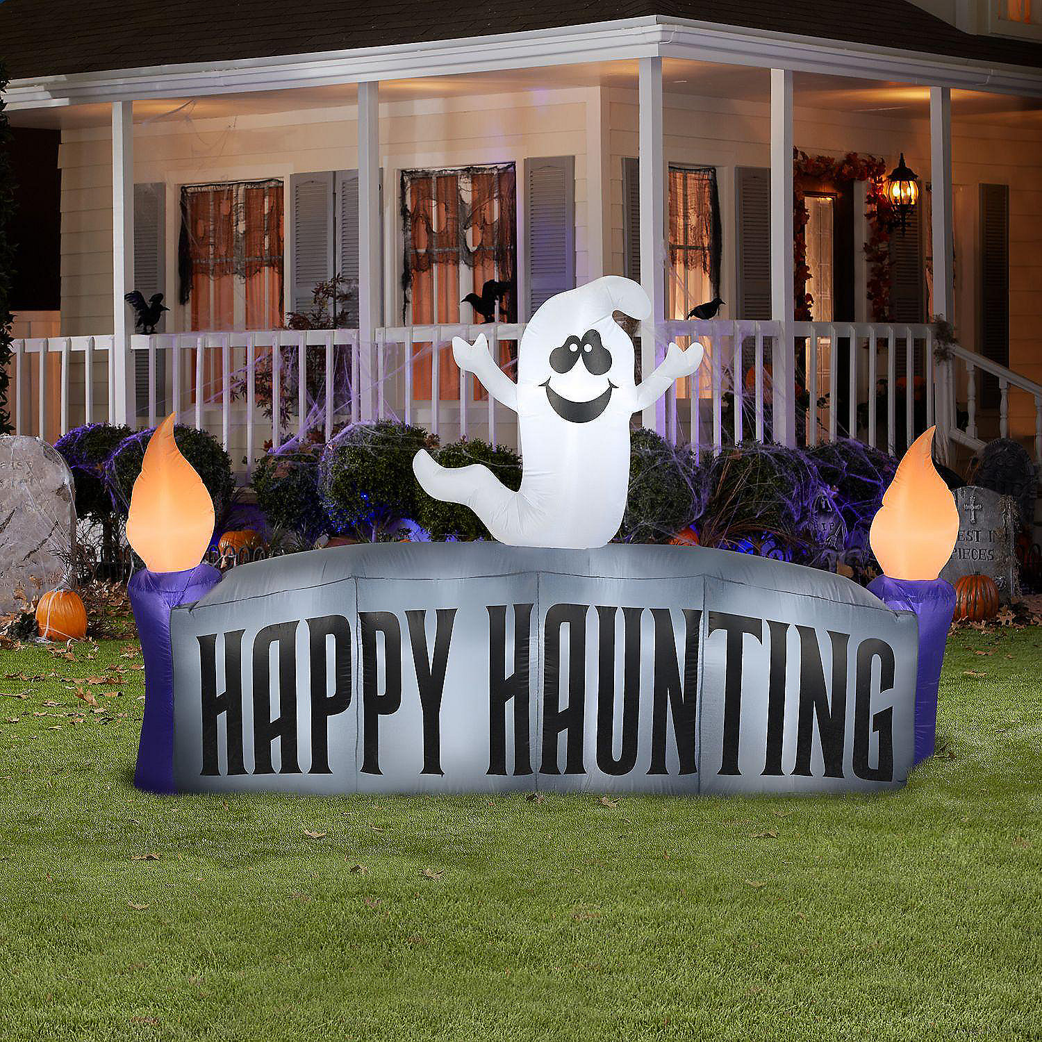 Gemmy Christmas Airblown Inflatable Ghost with Happy Haunting Sign Scene 5 ft Tall grey 4 Gemmy Christmas Airblown Inflatable Ghost with Happy Haunting Sign Scene 5 ft Tall grey - Image 2