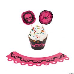 Pink & Black Halloween Cupcake Wrappers with Picks - 100 Pc.